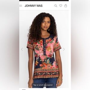Johnny Was Pink and Black Floral Short Sleeve Top
